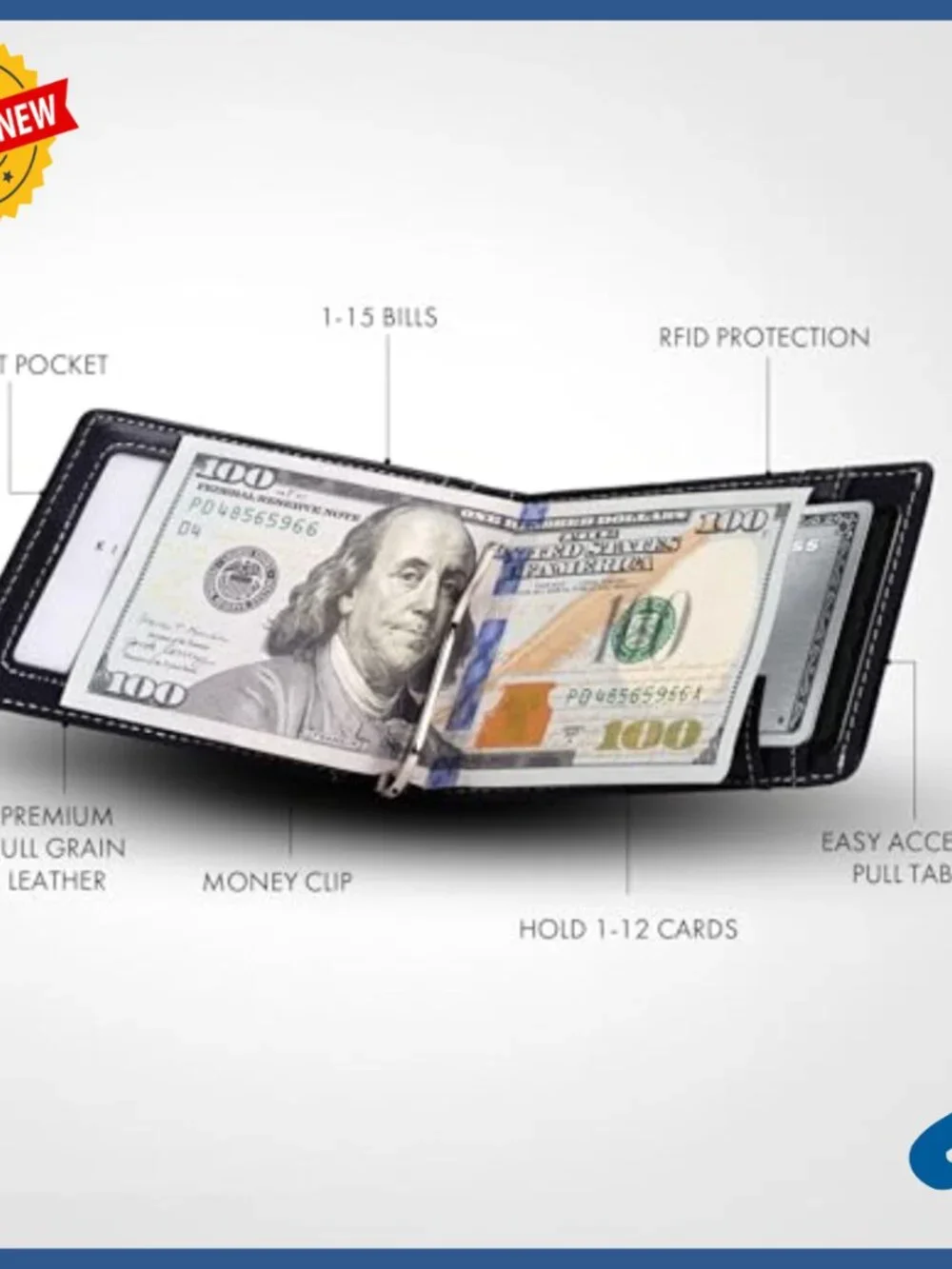 Leather RFID Blocking Wallet with AirTag Holder Money Clip Pull Tab